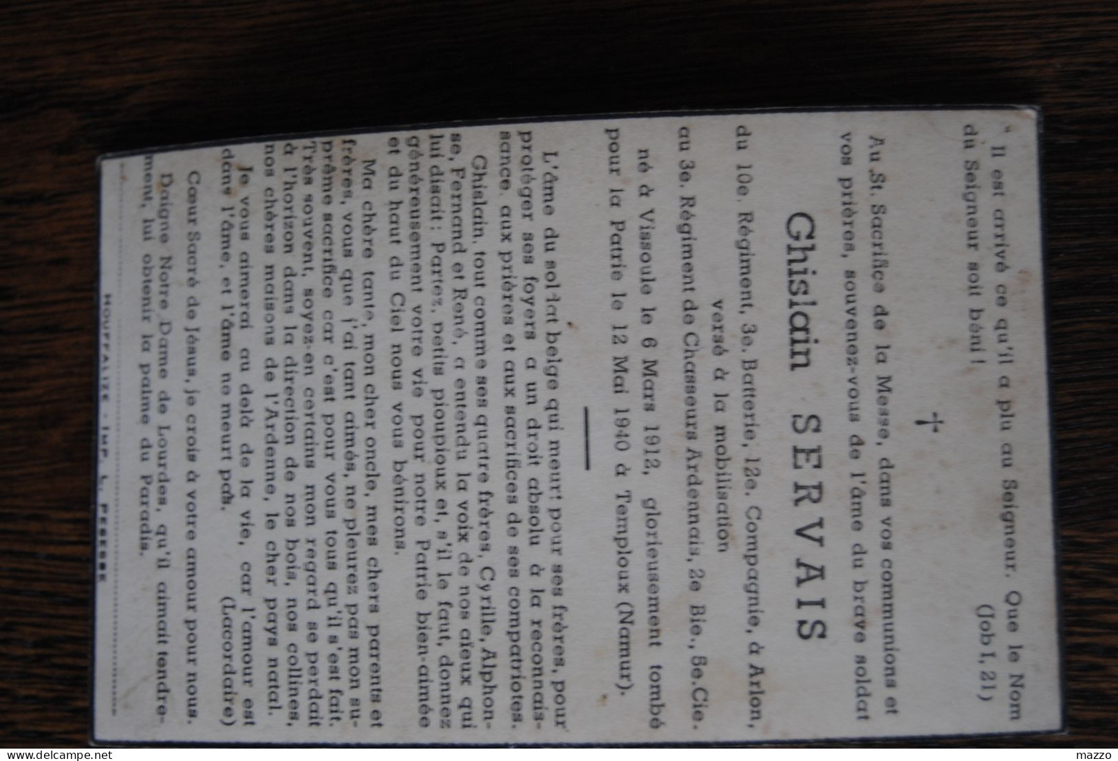 665/Ghislain SERVAIS 3°Chasseurs Ardennais/2°Bie,5 Cie Né Vissoule/Houffalize Tombé à Temploux 12/5/40 - Todesanzeige