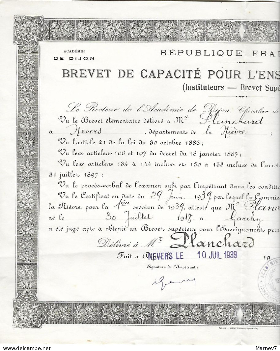 Diplôme - Brevet De Capacité Enseignement Primaire - Instituteurs -1939 - Garchy - Nevers - - Diploma's En Schoolrapporten