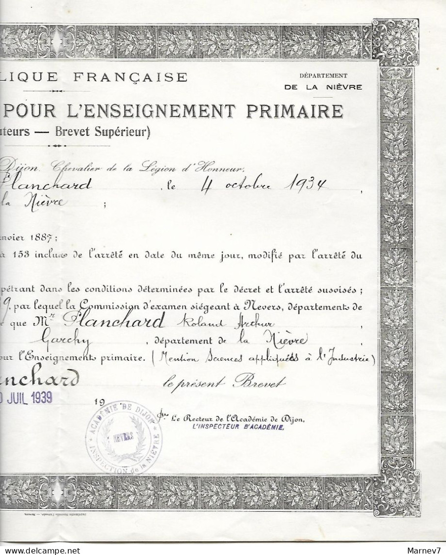 Diplôme - Brevet De Capacité Enseignement Primaire - Instituteurs -1939 - Garchy - Nevers - - Diplomi E Pagelle