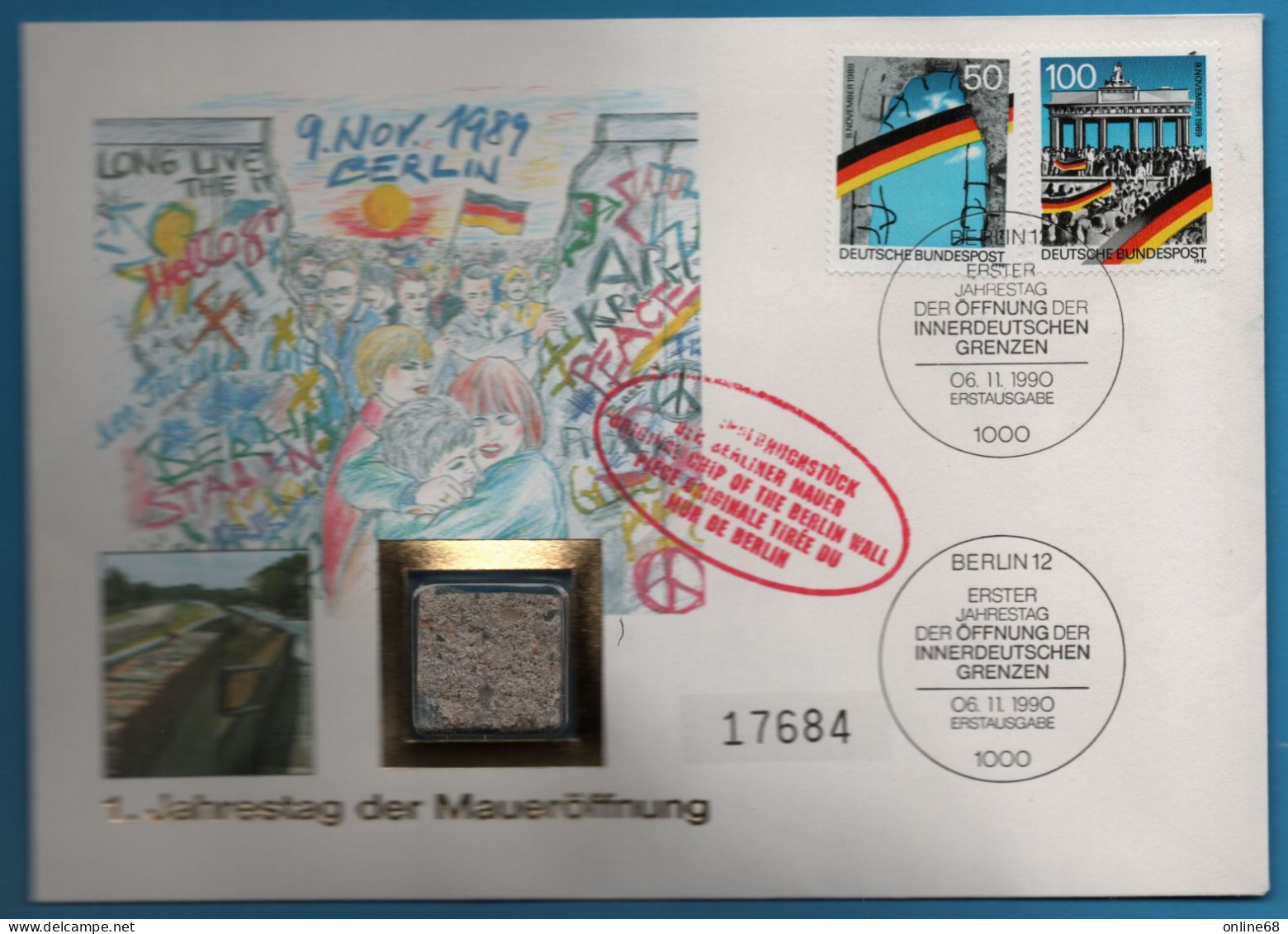 DEUTSCHLAND GERMANY 1, JAHRESTAG DER MAUERÖFFNUNG ORIGINAL CHIP OF THE BERLIN WALL 06.11.1990 - 1981-1990