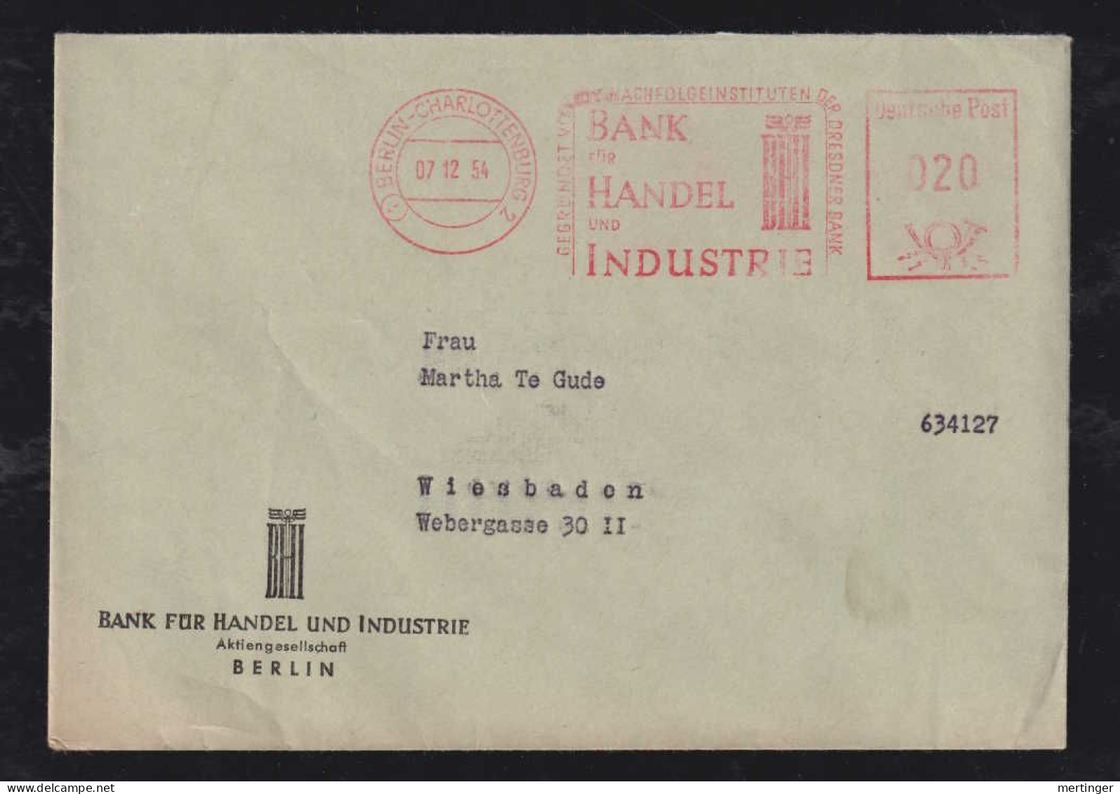 BERLIN 1954 AFS 20Pf Meter Brief Nach WIESBADEN Bank Für Handel Und Industrie - Lettres & Documents