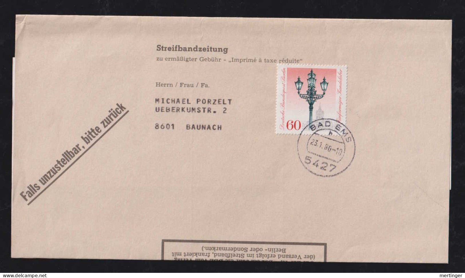 BERLIN 1980 Streifband 1x 60Pf Laterne BAD EMS X BAUNACH - Lettres & Documents