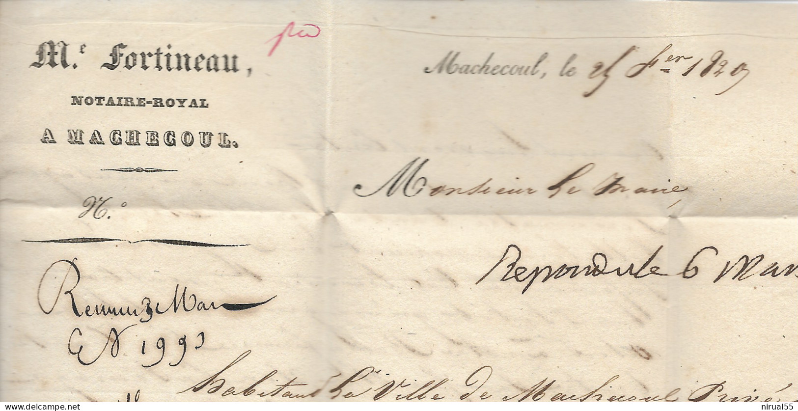 MACHECOUL Loire Atlantique Marque P.42.P. MACHECOUL Rouge + CAD 25/2/1829 Indice 19 Signalé En 1830 45x12     ....    G - Autres & Non Classés