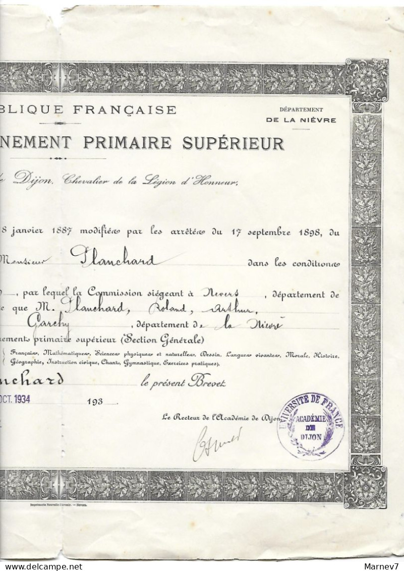 Diplôme - Brevet D'enseignement Primaire Supérieur - 1934 - Dijon Nièvre - Garchy - Nevers - - Diploma's En Schoolrapporten