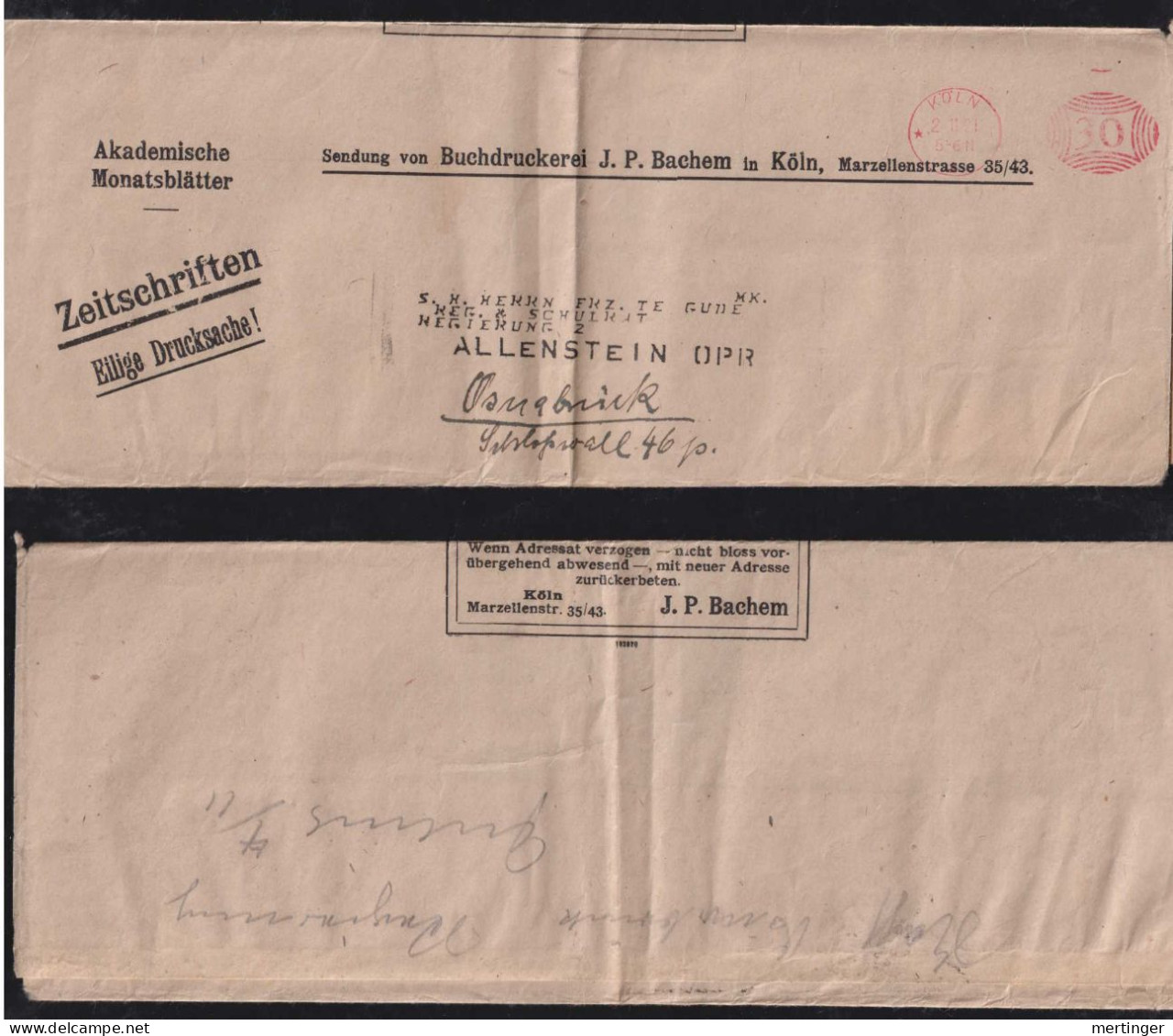 Deutsches Reich 1921 AFS 30Pf Meter Freistempler Drucksache Streifband Wrapper Köln X ALLENSTEIN - Lettres & Documents