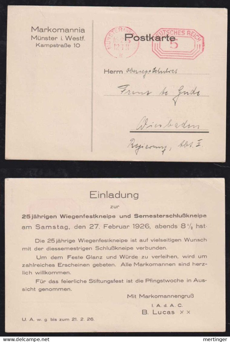 Deutsches Reich 1926 AFS 5Pf Meter Freistempler Karte MÜNSTER X WIESBADEN Markomannia Studentenvereinigung - Lettres & Documents