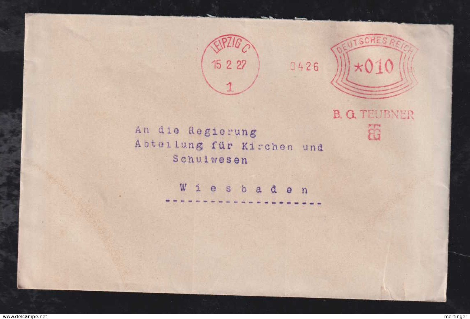 Deutsches Reich 1927 AFS 10Pf Meter Freistempler Brief LEIPZIG X WIESBADEN B.G. Teubner - Lettres & Documents