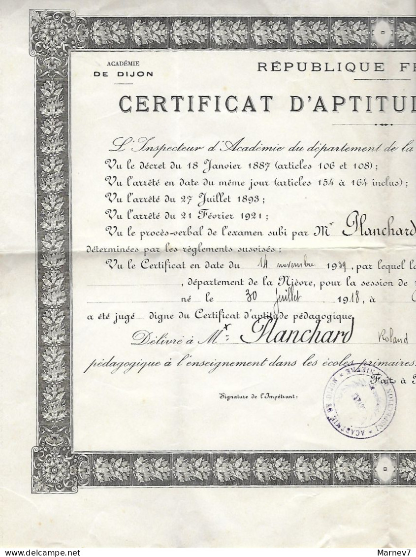 Diplôme - Certificat D'Aptitude Pédagogique - 1939 - Dijon Nièvre - Garchy - Nevers - - Diploma's En Schoolrapporten