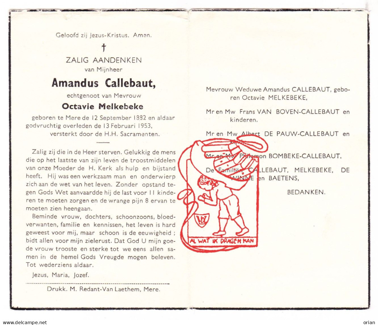 DP Amandus Callebaut ° Mere Erpe-Mere 1882 † 1953 X Octavie Melkebeke // Van Boven De Pauw Bombeke De Winne Baetens - Images Religieuses