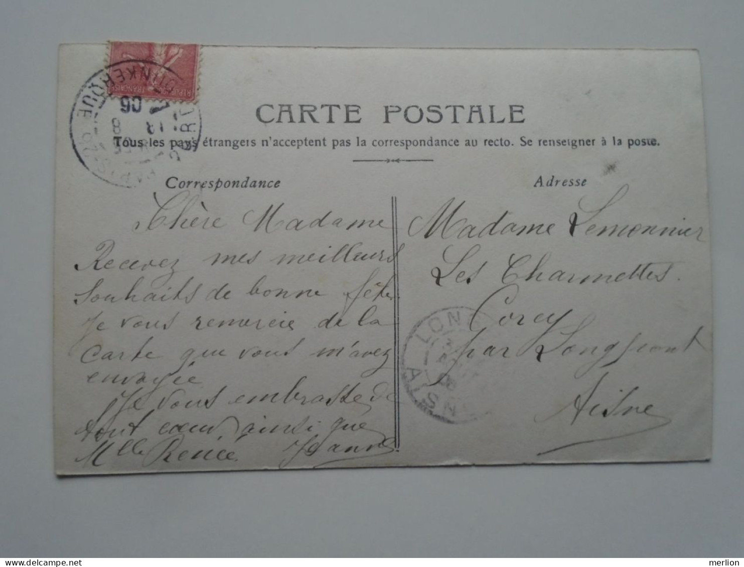 D201792  CPA  1906 - Cancel Paris Rue D. Dunkerque  -to Corey - Longpont   Mme. R. Lemonnier - Autres & Non Classés