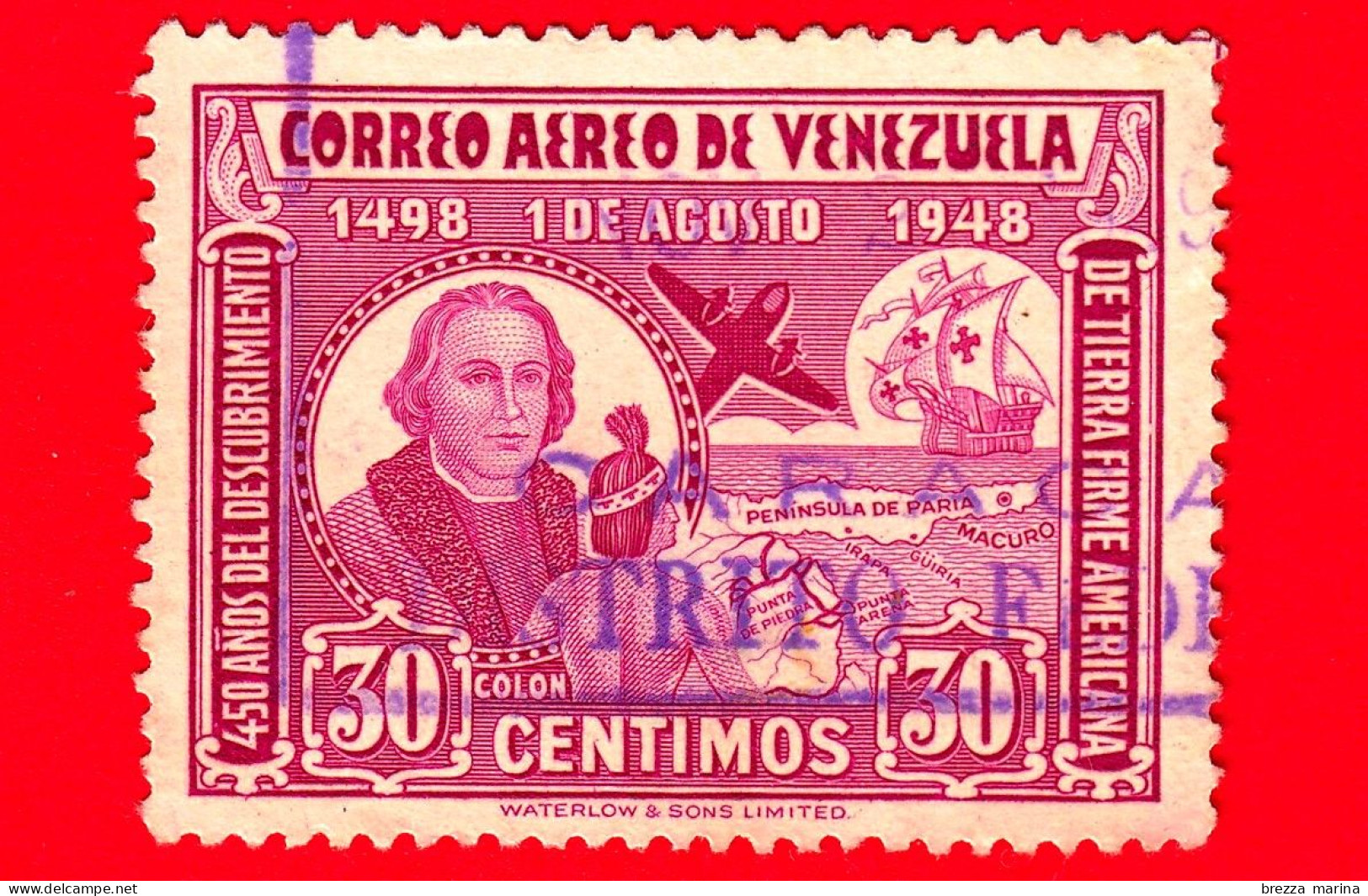 VENEZUELA - Usato - 1949 - 450 Anni Della Scoperta Dell'America - Colombo, 'Santa Maria', Mappa E Aereo -  30 - Venezuela