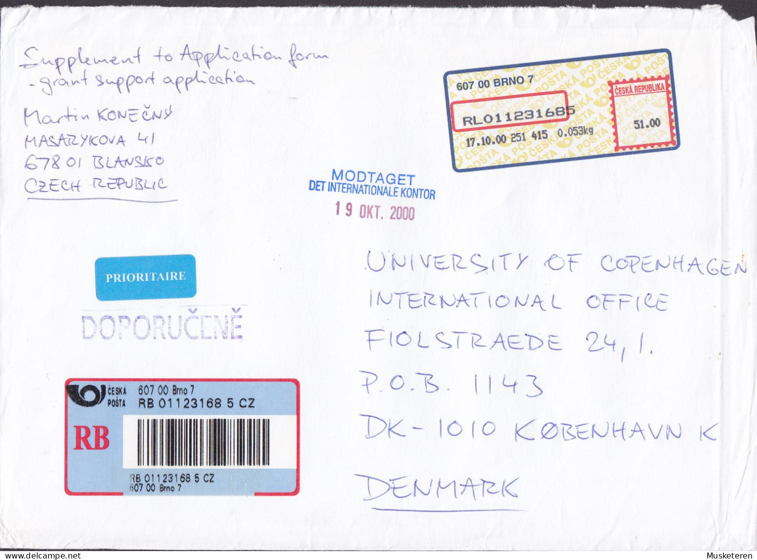 Czech Republic Registered Recommandé & Prioritaire Labels BRNO 2000 Cover Brief To Denmark ATM Frama Label - Storia Postale