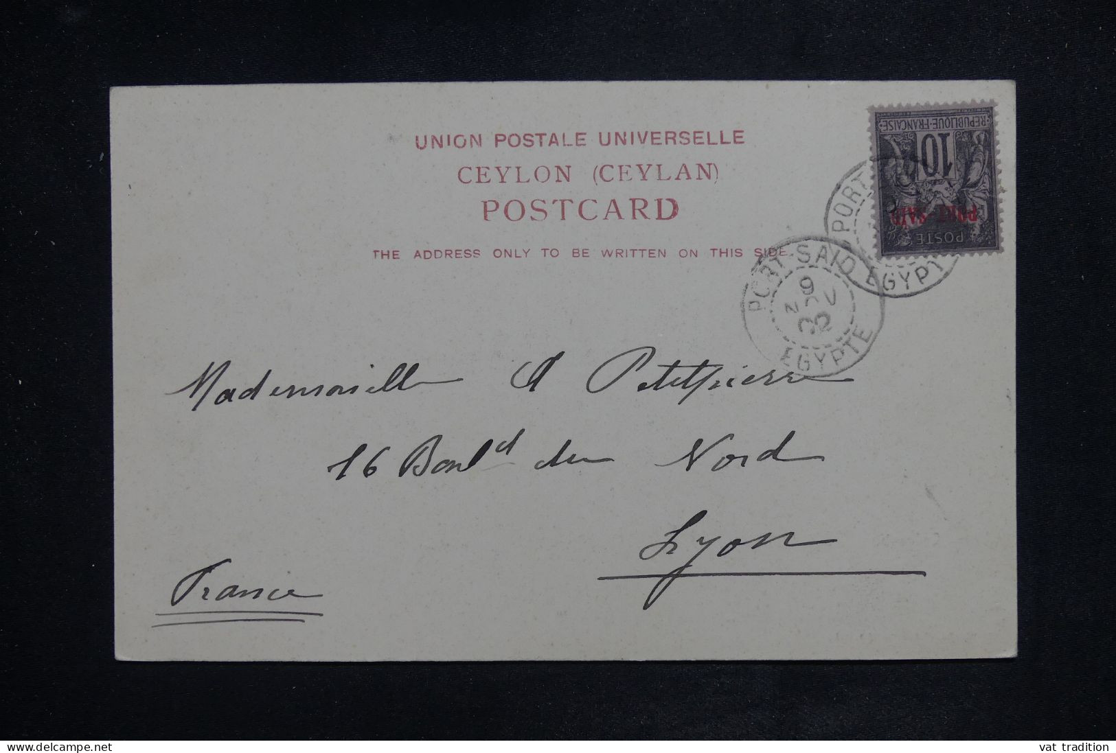 PORT SAID - Affranchissement Sage De Port Said Sur Carte Postale ( Ceylan) Pour Lyon En 1902 - L 150974 - Brieven En Documenten