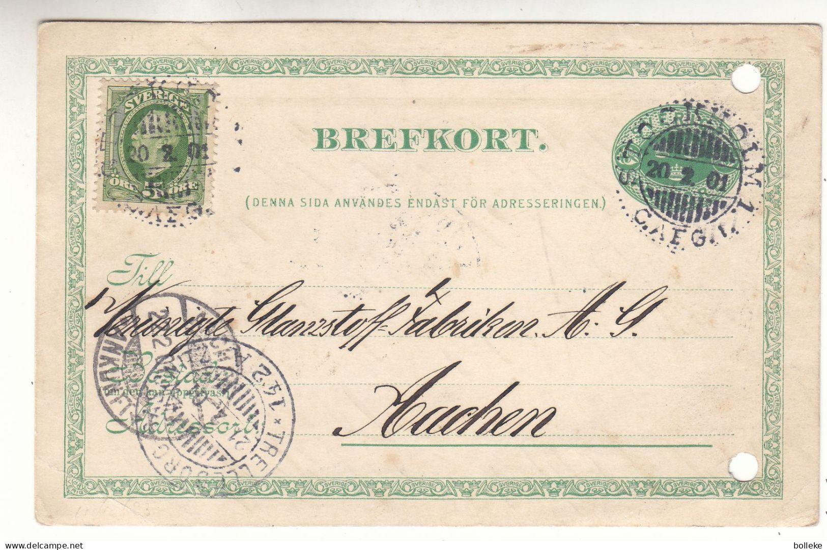 Suède - Carte Postale De 1901 - Entier Postal - Oblit Stockholm - Exp Vers Aachen - Cachet De Trelleborg - Lettres & Documents