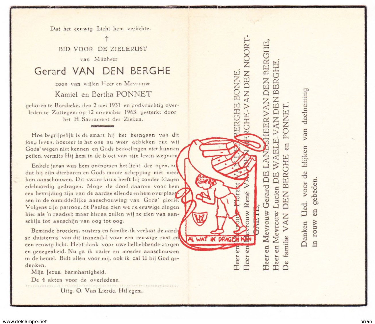 DP Gerard Vandenberghe / Ponnet 32j. ° Borsbeke Herzele 1931 † Zottegem 1963 Bonne Van Den Noortgaete De Landsheer - Devotion Images