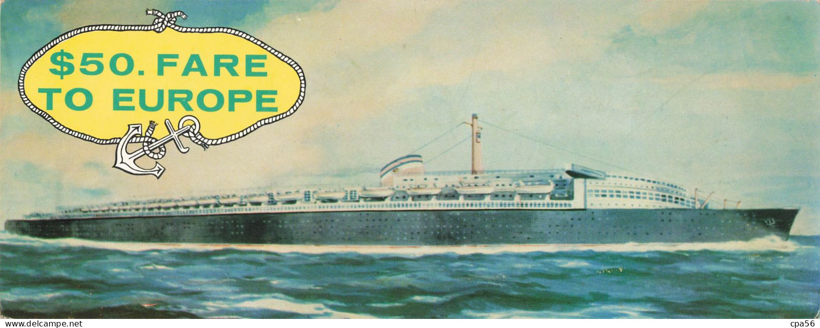 CARTE DOUBLE PANORAMIQUE PAQUEBOT - Publicité Sea Coach Transatlantic Lines - $50. FARE TO EUROPE - Hotel Dixie - Publicité