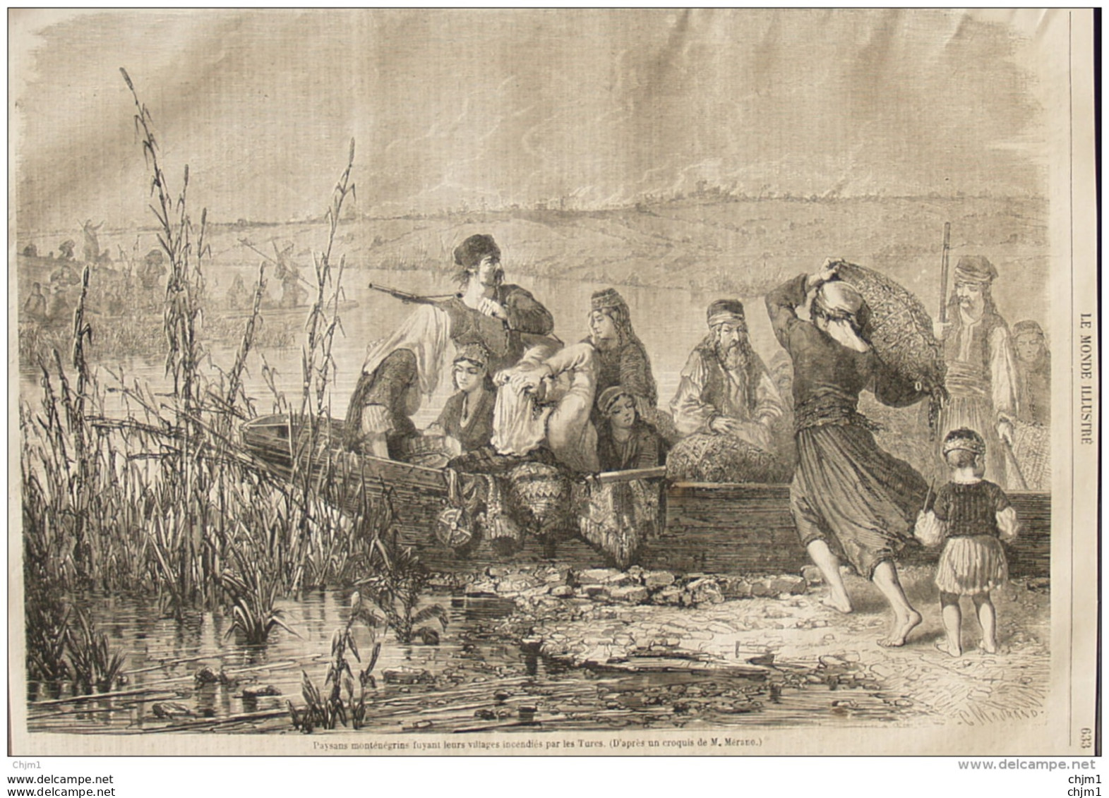 Paysans Monténégrins Fuyant Leurs Villages Incendiés Par Les Turcs - Page Original 1861 - Documents Historiques