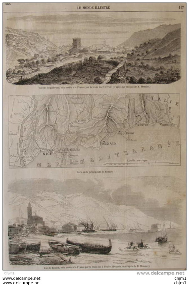 Vue De Roquebrune - Carte De La Principauté De Monaco - Vue De Menton - Page Original 1861 - Historische Dokumente