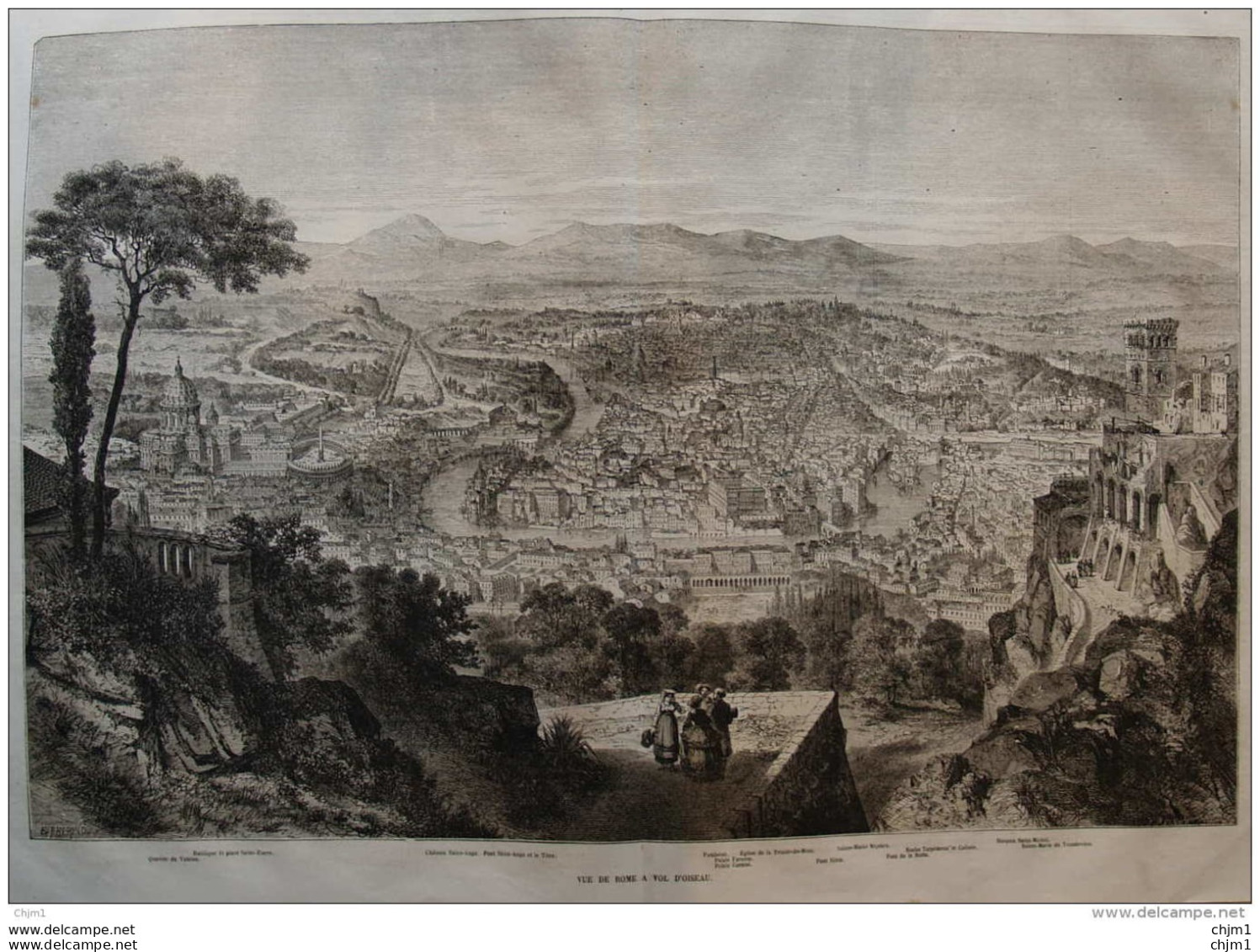 Vue De Rome à Vol D'oiseau - Rom - Page Original Double 1861 - Historische Dokumente