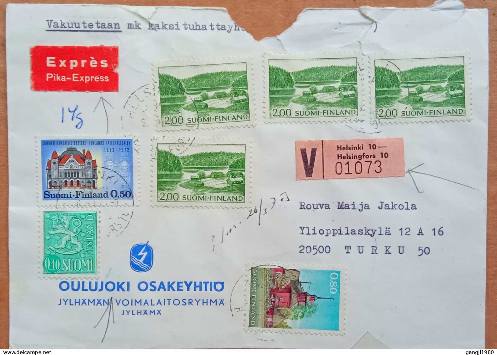 FINLAND 1973, ADVERTISING COVER, POWER PLANT, OLUJOKI  OSAKEYHTIO, VIGNETTE LABEL, EXPRESS, MULTI 7 STAMP, HELSINKI & TU - Brieven En Documenten