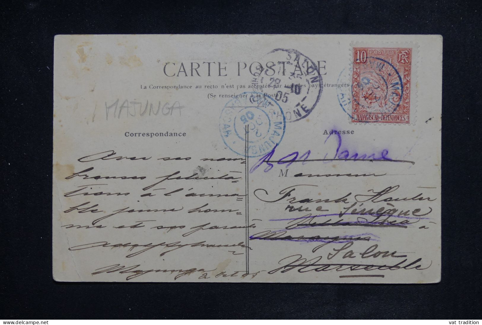 MADAGASCAR - Affranchissement De Majunga  Sur Carte Postale Pour La France En 1905 - L 150979 - Cartas & Documentos