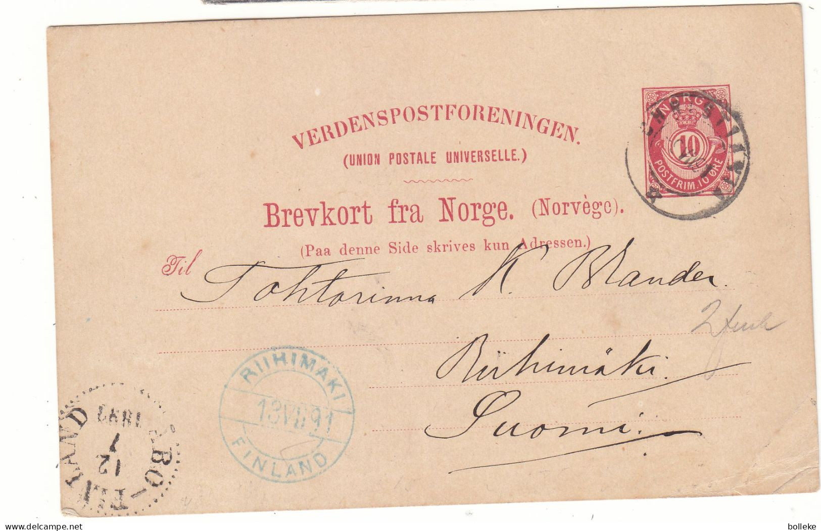 Norvège - Carte Postale De 1891 - Entier Postal - Oblit Christiania - Exp Vers Ruhimaki - Valeur 7,50 € En .....2005 - Brieven En Documenten