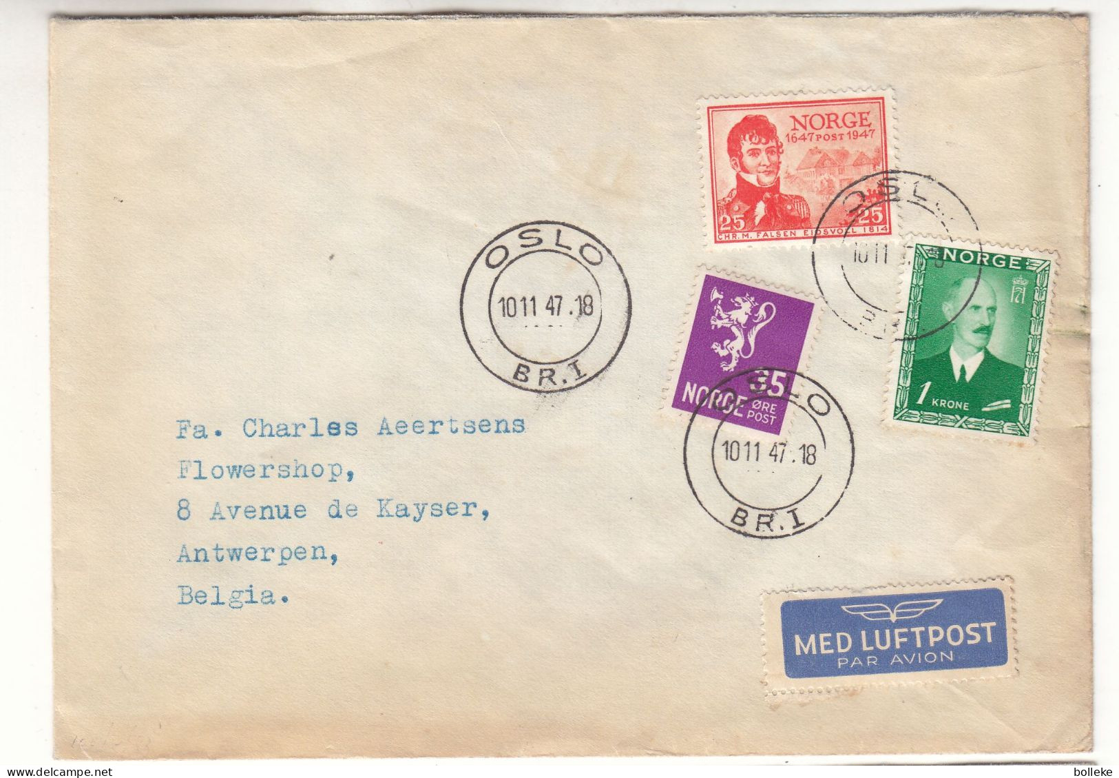 Norvège - Lettre De 1947 - Oblit Oslo - Exp Vers Antwerpen - - Briefe U. Dokumente