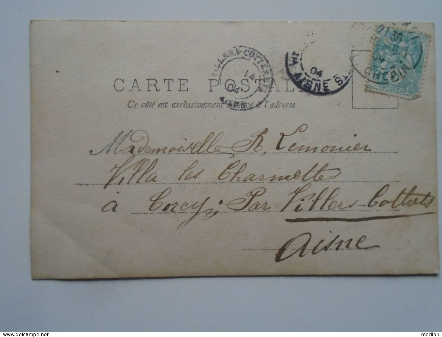 D201799   CPA   Couple  -  1904  Paris -  Villa  Les Charmettes  CORCY Par Villers-Cotterêts  M.elle  R  Lemonnier - Covers & Documents