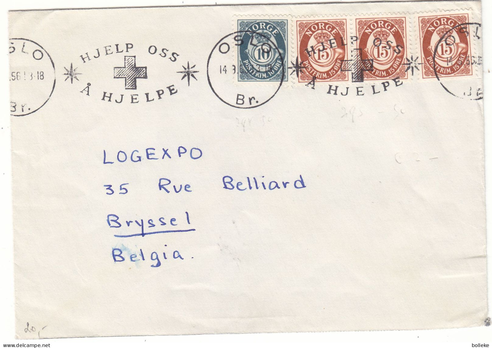 Norvège - Lettre De 1956 - Oblit Oslo - Exp Vers Bruxelles - Croix Rouge - - Lettres & Documents