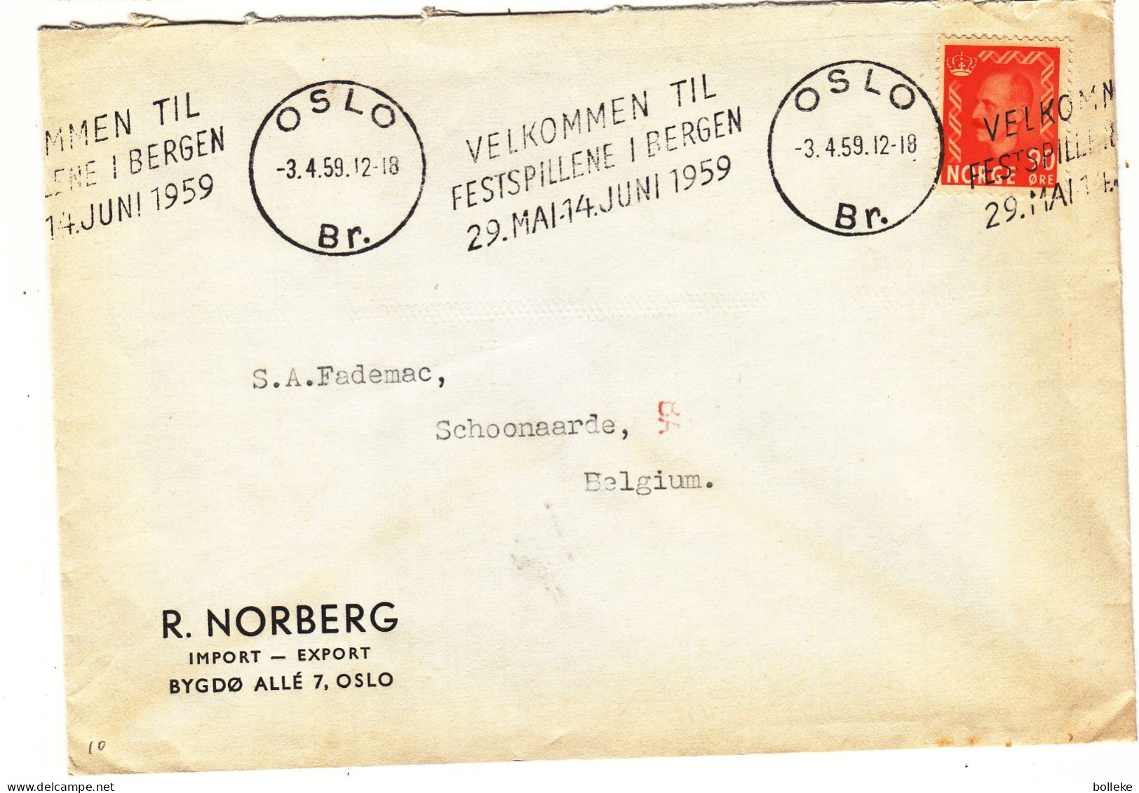 Norvège - Lettre De 1959 - Oblit Oslo - Exp Vers Schoonaarde - Fêtes à Bergen - - Covers & Documents
