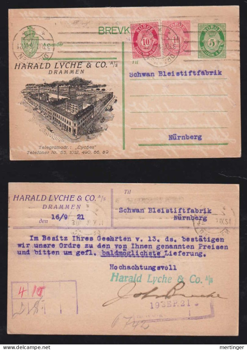 Norway 1921 Uprated Stationery Postcard DRAMMEN X NÜRNBERG Germany Private Imprint Harald Lyche - Cartas & Documentos