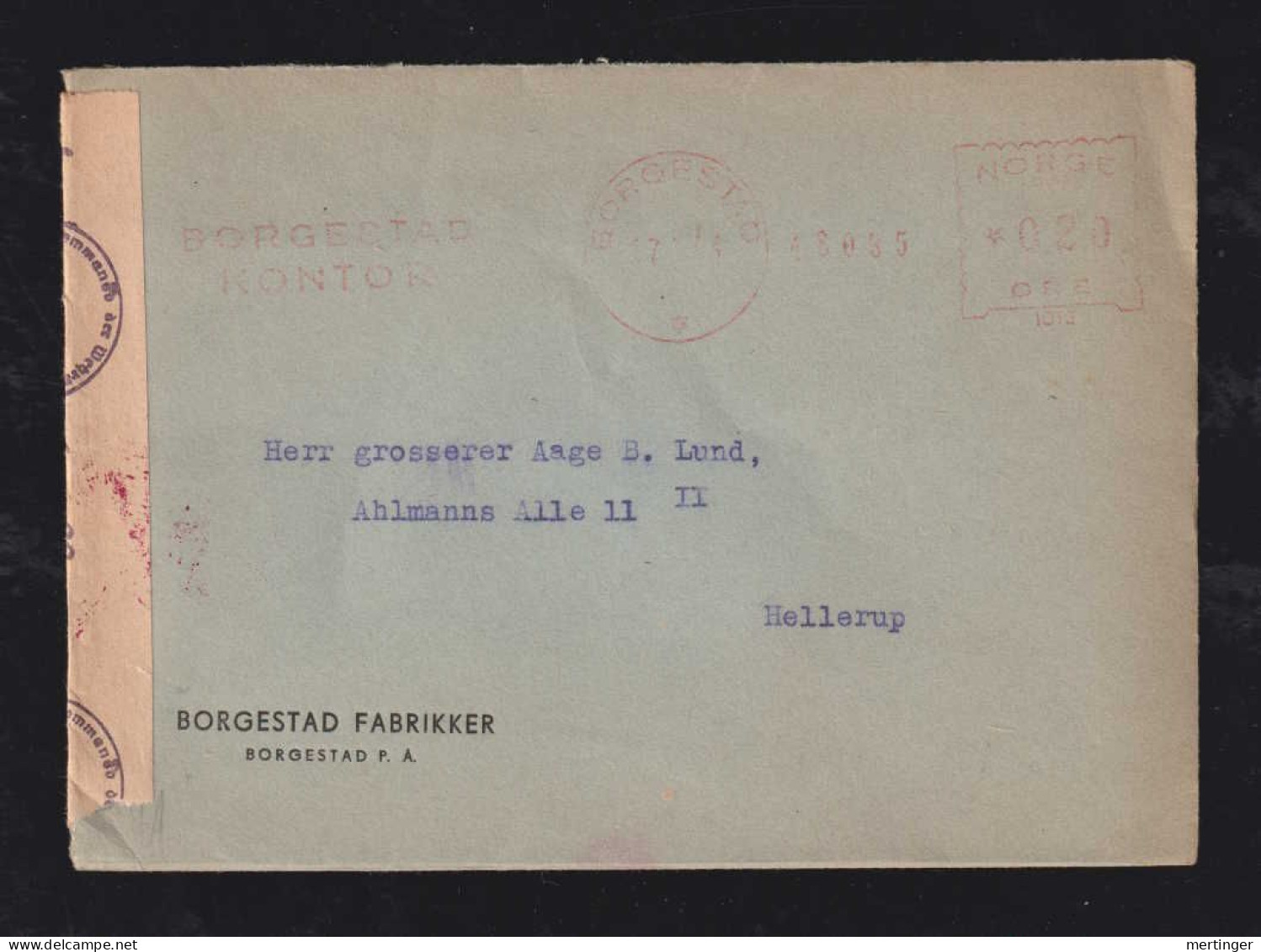 Norway Norwegen 1943 Meter Censor Cover BORGESTAD X HELLERUP Denmark - Lettres & Documents