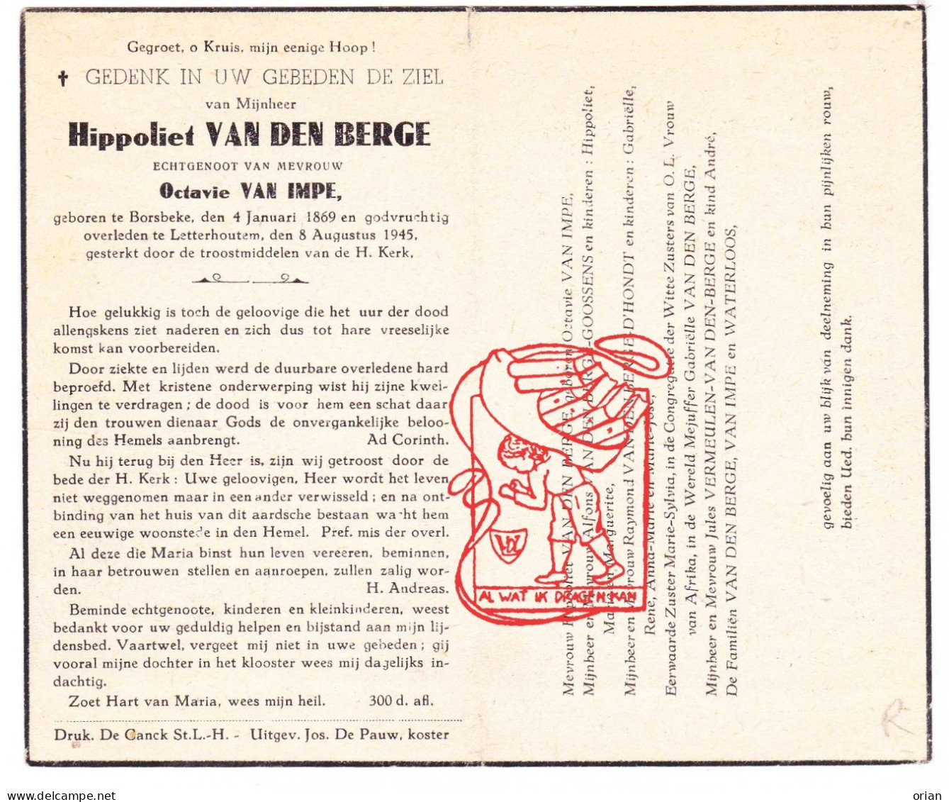 DP Hippoliet Vandenberge ° Borsbeke Herzele 1869 † Letterhoutem 1945 Van Impe // Goossens D'Hondt Vermeulen Waterloos - Images Religieuses