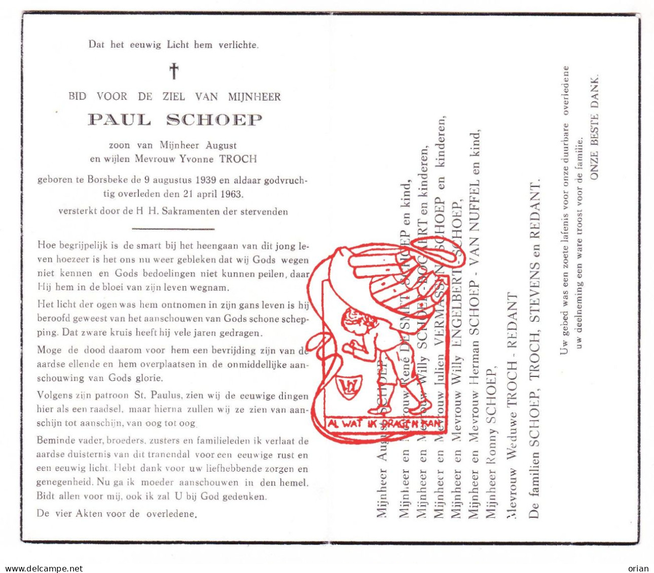 DP Paul Schoep / Troch 23j. ° Borsbeke Herzele 1939 † 1963 De Smet Bogaert Vermassen Engelbert Van Nuffel Redant Stevens - Devotion Images