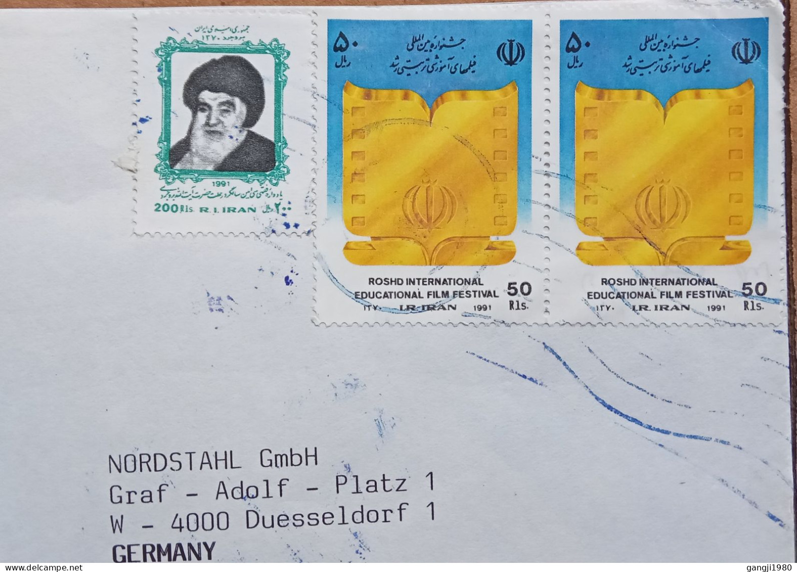 IRAN-1991, ADVERTISING COVER, PIONEER TRADING, USED TO GERMANY,  INT FILM FESTIVAL & NOTABLE PERSON 3 STAMP - Iran