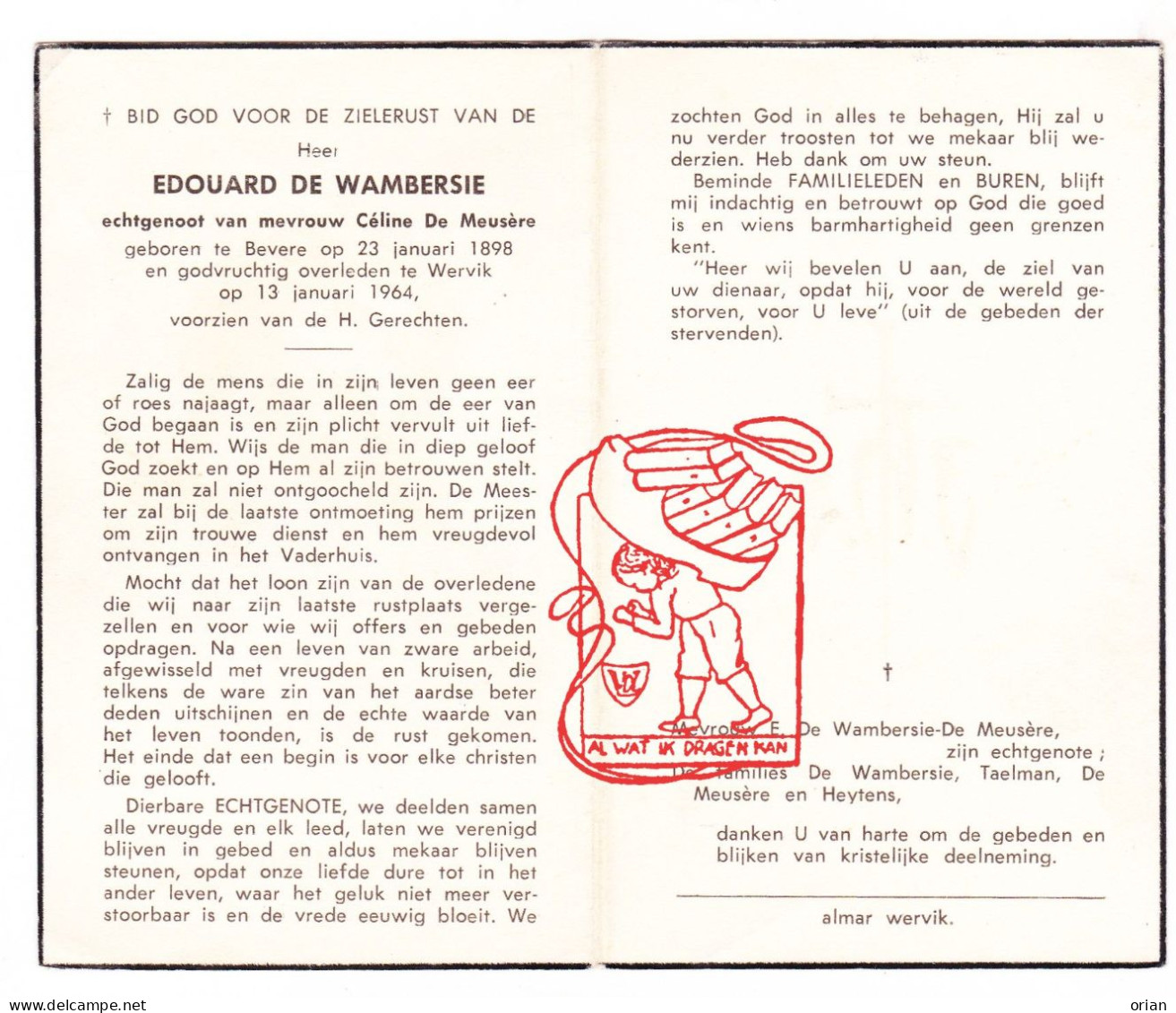 DP Edouard De Wambersie ° Bevere Oudenaarde 1898 † Wervik 1964 X Céline De Meusère // Taelman Heytens - Images Religieuses