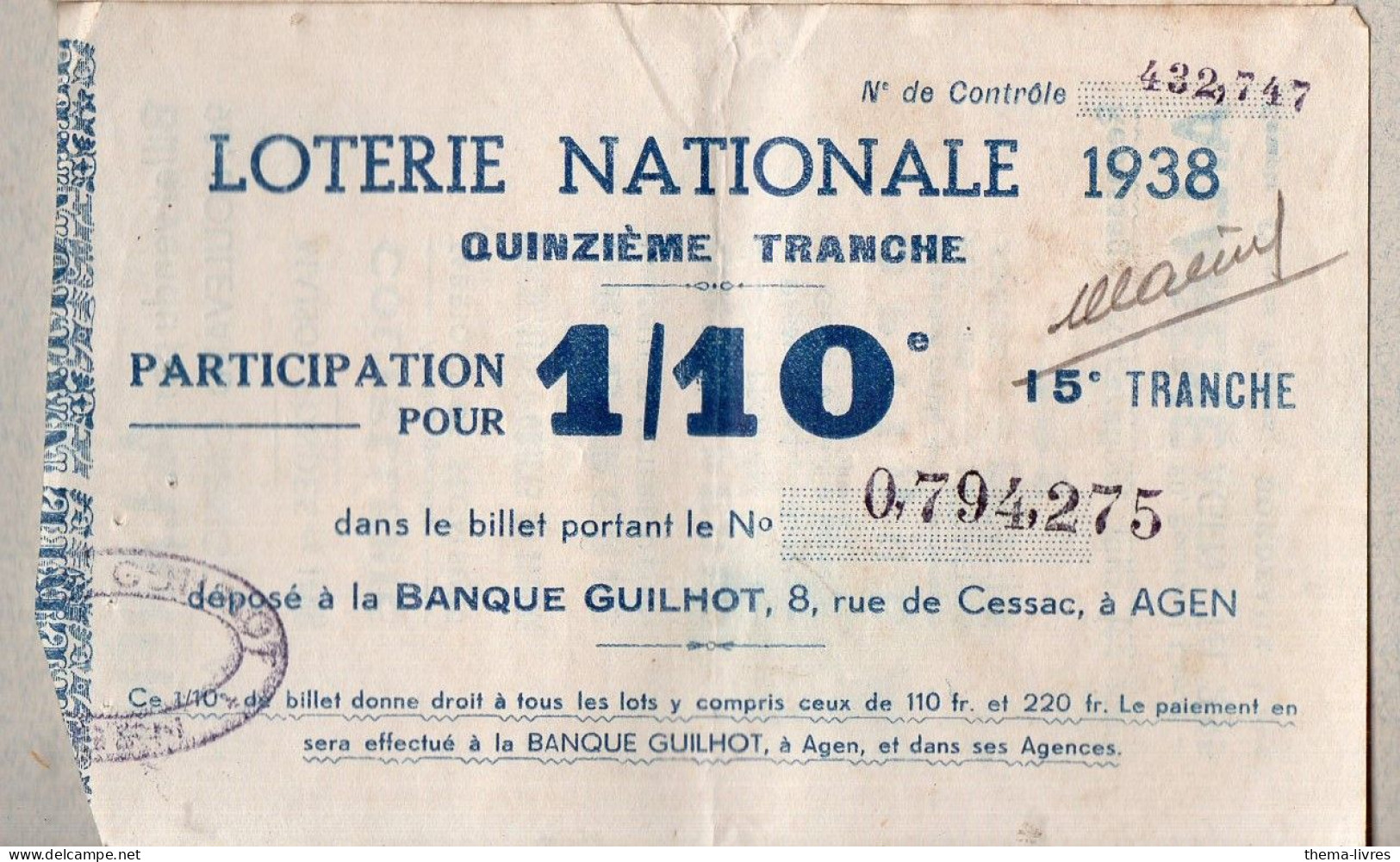 Agen (47) Billet De Loterie Vendu Par A LERENE Coutellerie Orfevrerie Optique Orthopedie Etc  1938  (PPP46910 /E) - Lottery Tickets