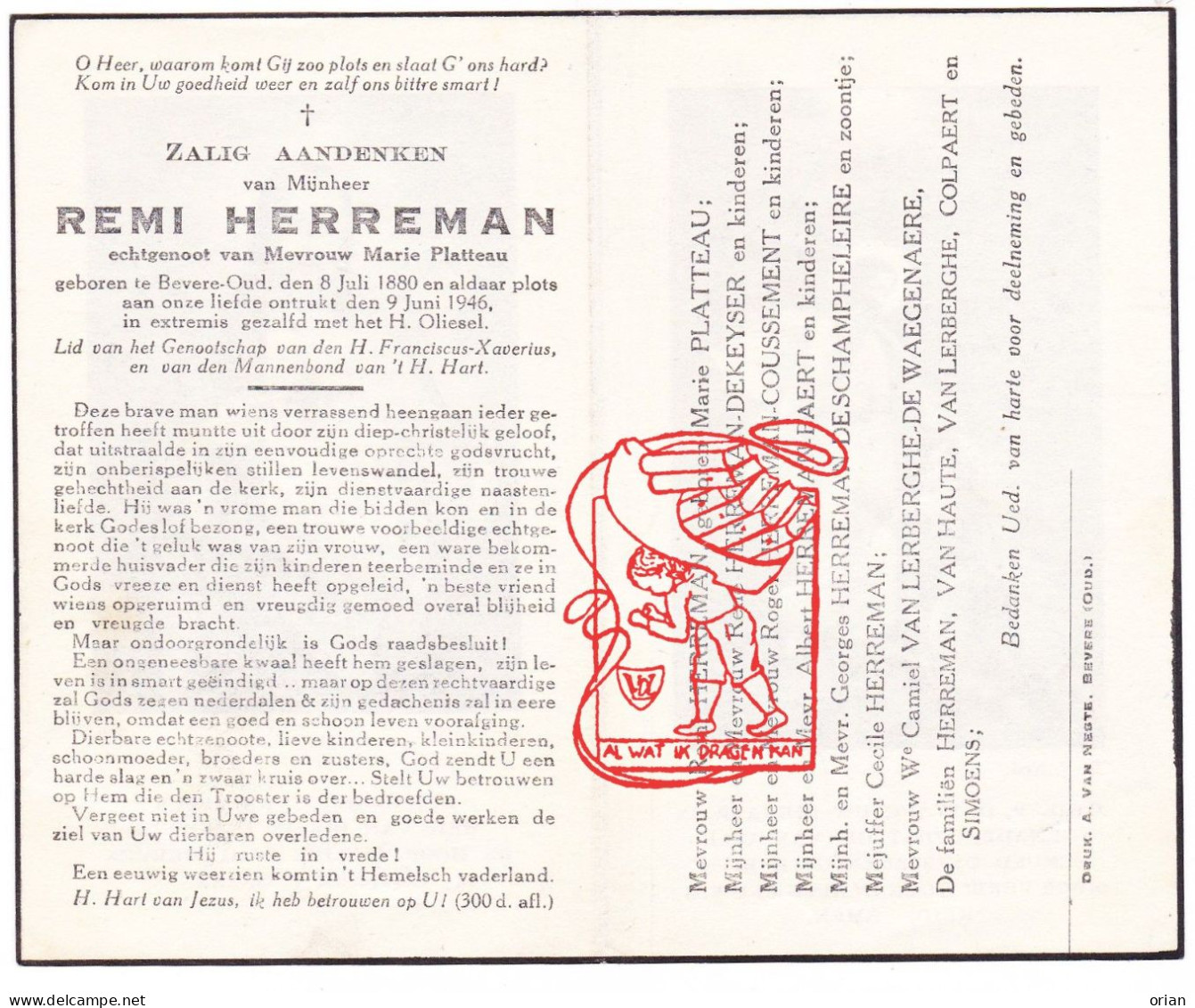 DP Remi Herreman ° Bevere Oudenaarde 1880 † 1946 X Marie Platteau // Dekeyser Coussement Baert Colpaert De Schampheleire - Images Religieuses