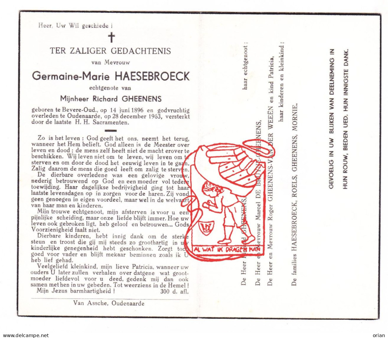 DP Germaine Haesebroeck ° Bevere 1896 † Oudenaarde 1963 X Richard Gheenens // De Bruyne Van Der Weeën Roels Mornie - Images Religieuses