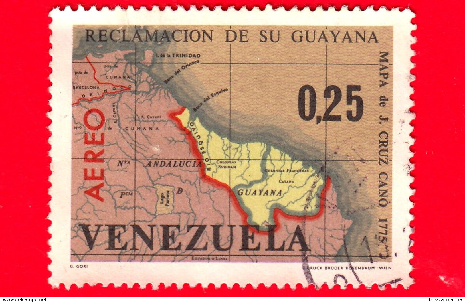 VENEZUELA - Usato - 1965 - Rivendicazione Territoriale Di Esequiba Guyana - Mappa Di Cruz Cano - 0.25 - P. Aerea - Venezuela
