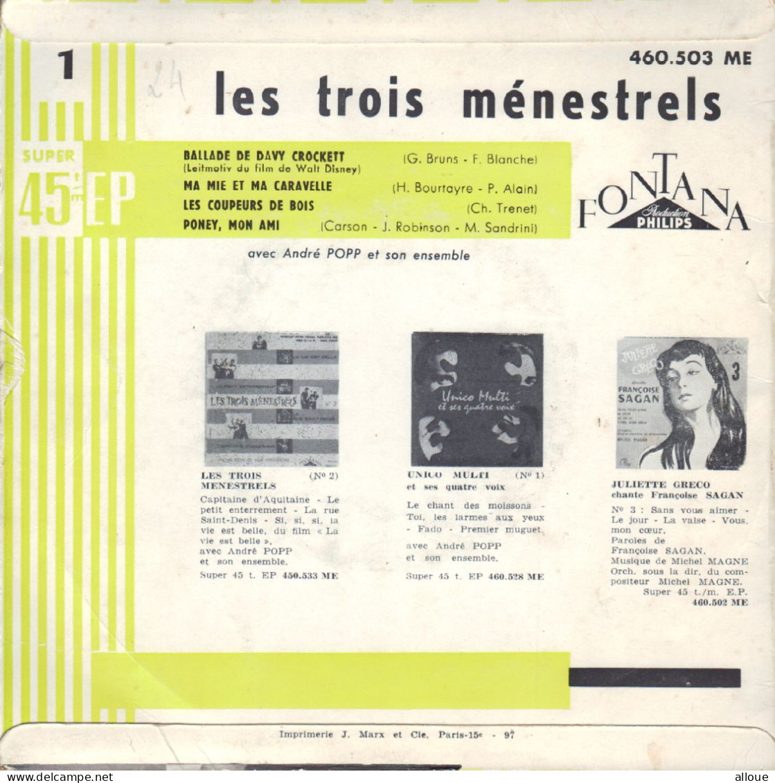 LES TROIS MENESTRELS FR EP BALLADE DE DAVY CROCKETT + 3 - Sonstige - Franz. Chansons