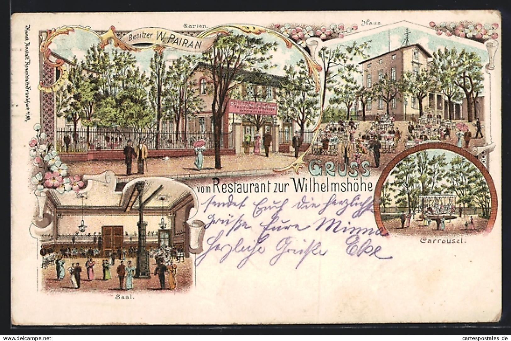 Lithographie Frankfurt-Seckbach, Das Restaurant Zur Wilhelmshöhe, Ansichten Von Aussenbereich, Saal Und Carrousel  - Frankfurt A. Main