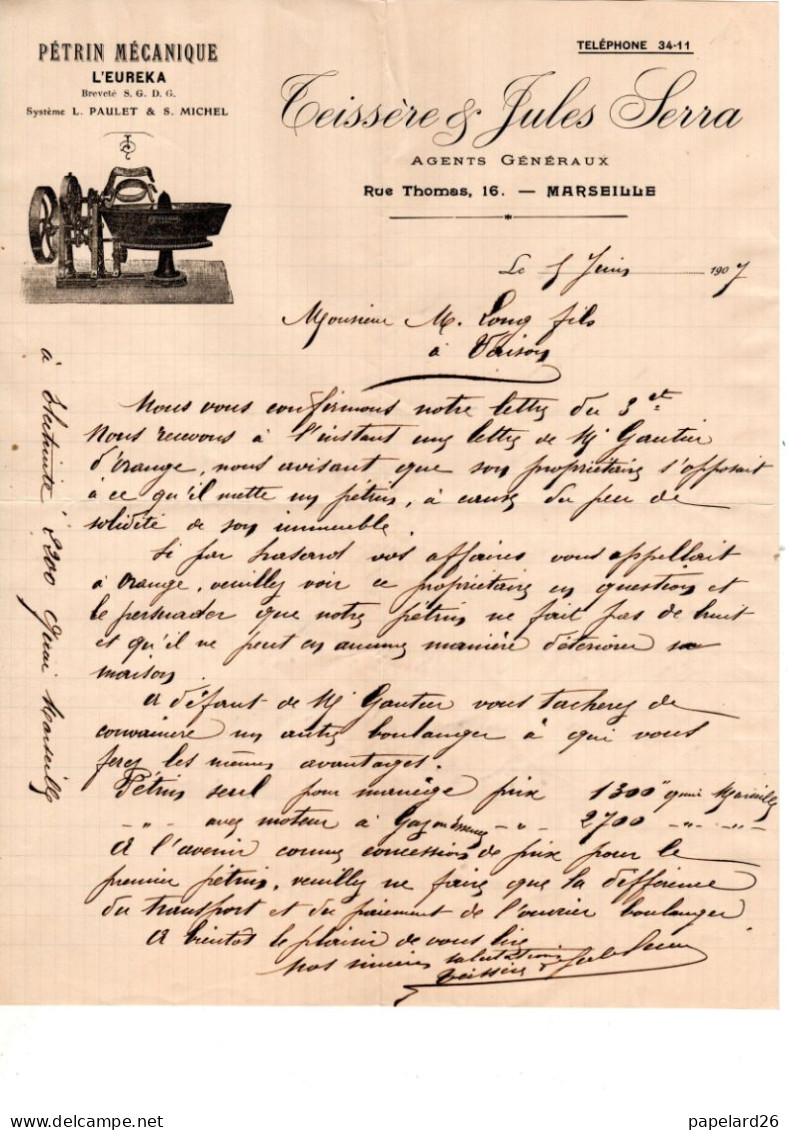 BOUCHES DU RHONE MARSEILLE PETRIN MECANIQUE  TEISSERE ANNEE 1907  FORMAT A4 - Straßenhandel Und Kleingewerbe