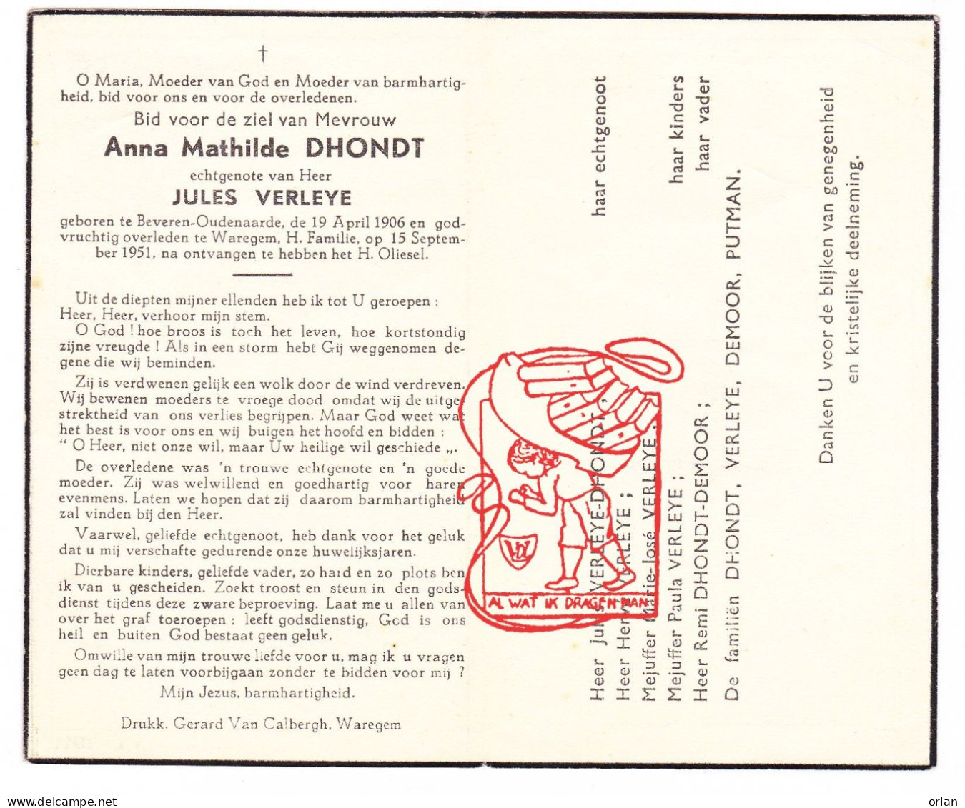 DP Anna Mathilde Dhondt ° Bevere Oudenaarde 1906 † Waregem 1951 X Jules Verleye // De Moor Demoor Putman - Devotion Images