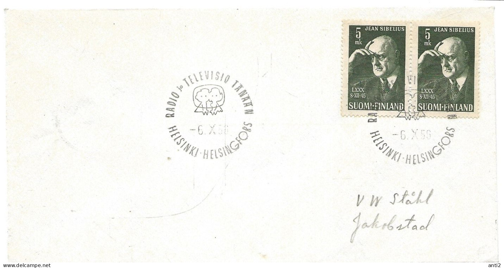 Finland   1956 Cover   With Composer  Jean Sibelius's 80th Birthday, Mi 319 Cancelled Radio Jo Televisio Täntään 6.10.56 - Lettres & Documents