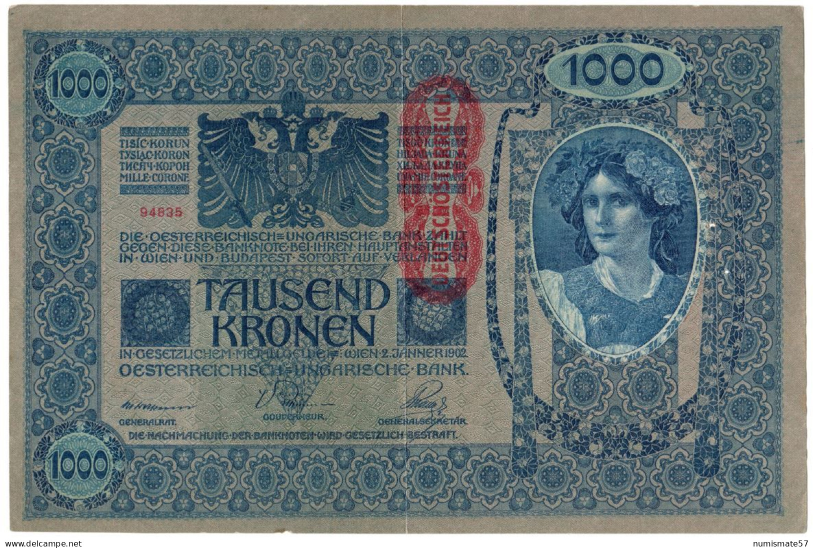 AUTRICHE - AUSTRIA - BILLET 1000 KRONEN 1902 Avec Surcharge Rouge "Deustschosterreich" - ( KK# 141 - P# 59 ) - Oesterreich