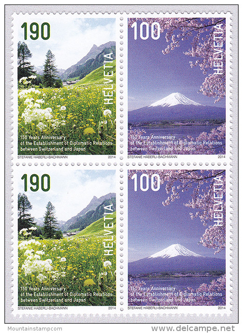 Switzerland 2014 Joint Issue Switzerland Japan Mountains Volcano Fuji MNH ** Se-tenant Block 4 - Neufs
