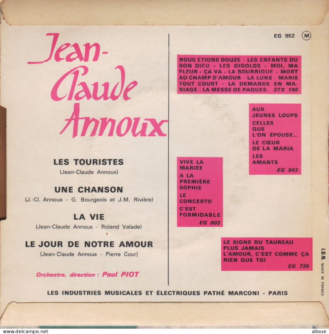 JEAN-CLAUDE ANNOUX FR EP LES TOURISTES + 3 - Other - French Music