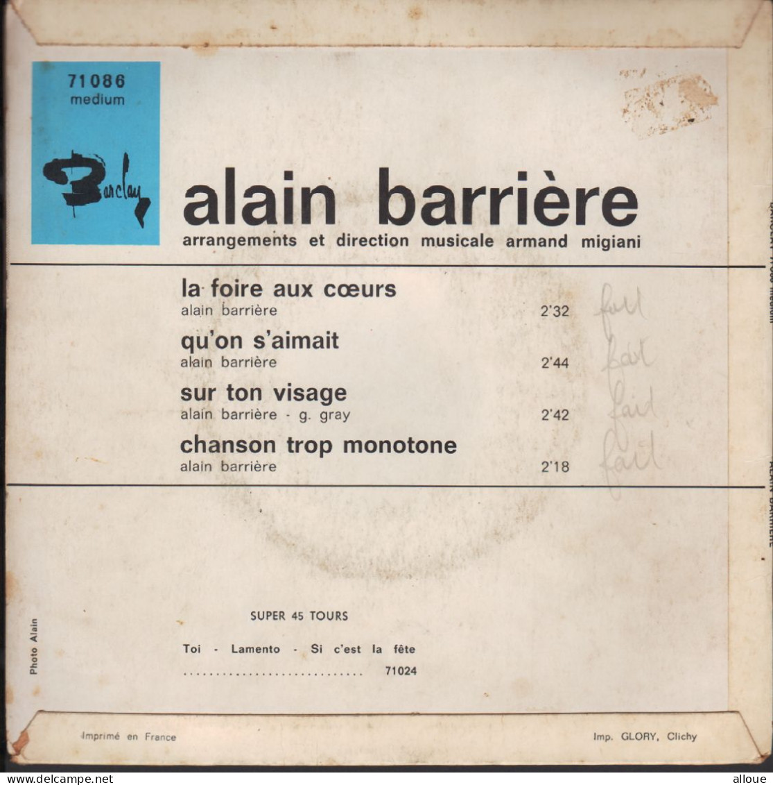 ALAIN BARRIERE FR EP LA FOIRE AUX COEURS + 3 - Autres - Musique Française