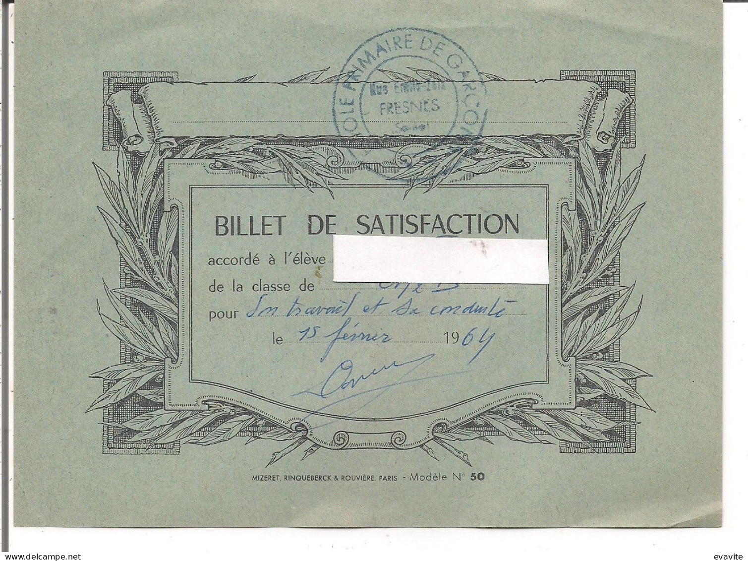Billet De Satisfaction D'un Elève De L'Ecole Primaire De Garçons De FRESNES  (Seine) - Diploma's En Schoolrapporten